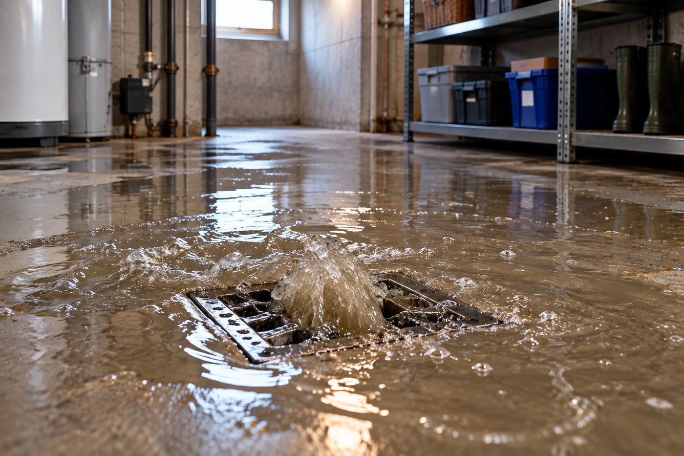 Überfluteter Keller nach Starkregen – Wasser steht auf dem Boden